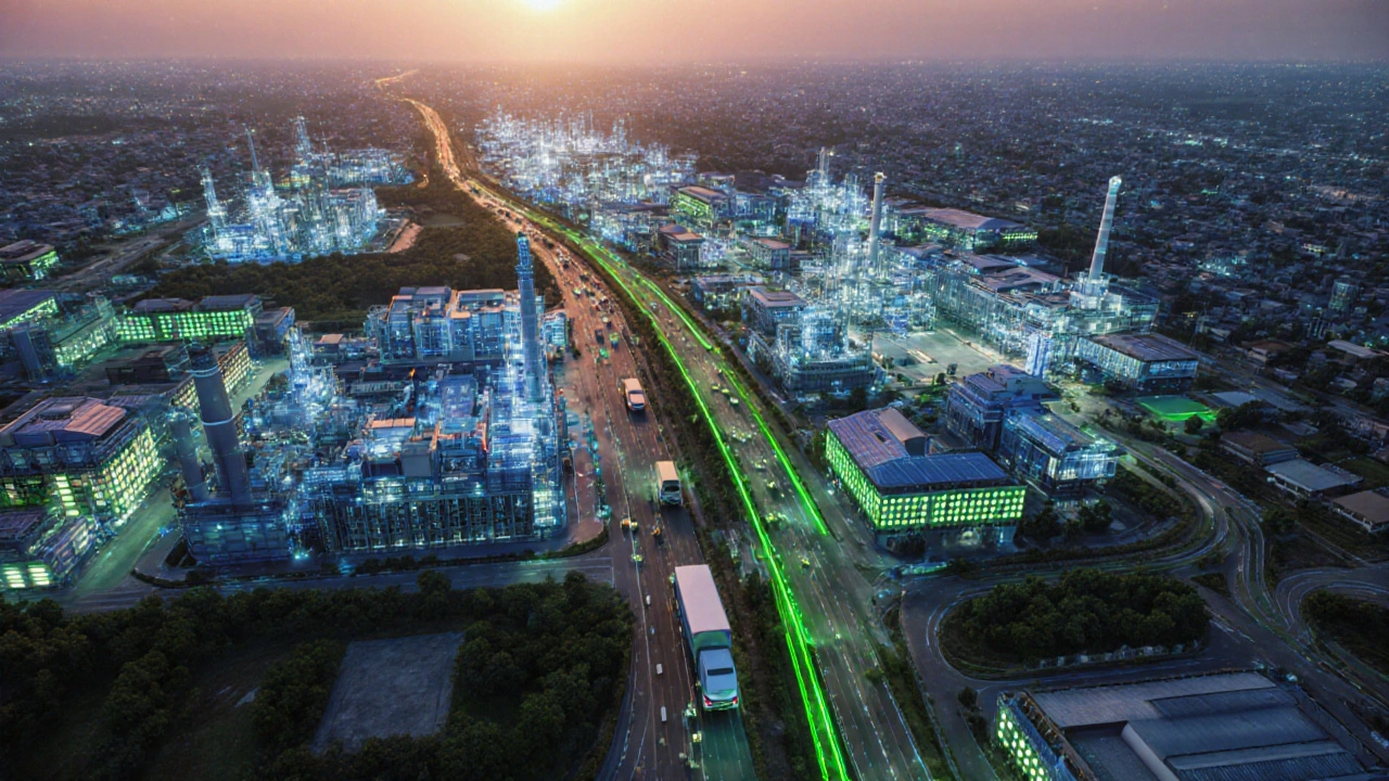 3D aerial view of Indian chemical logistics hubs with green‑focused facilities.