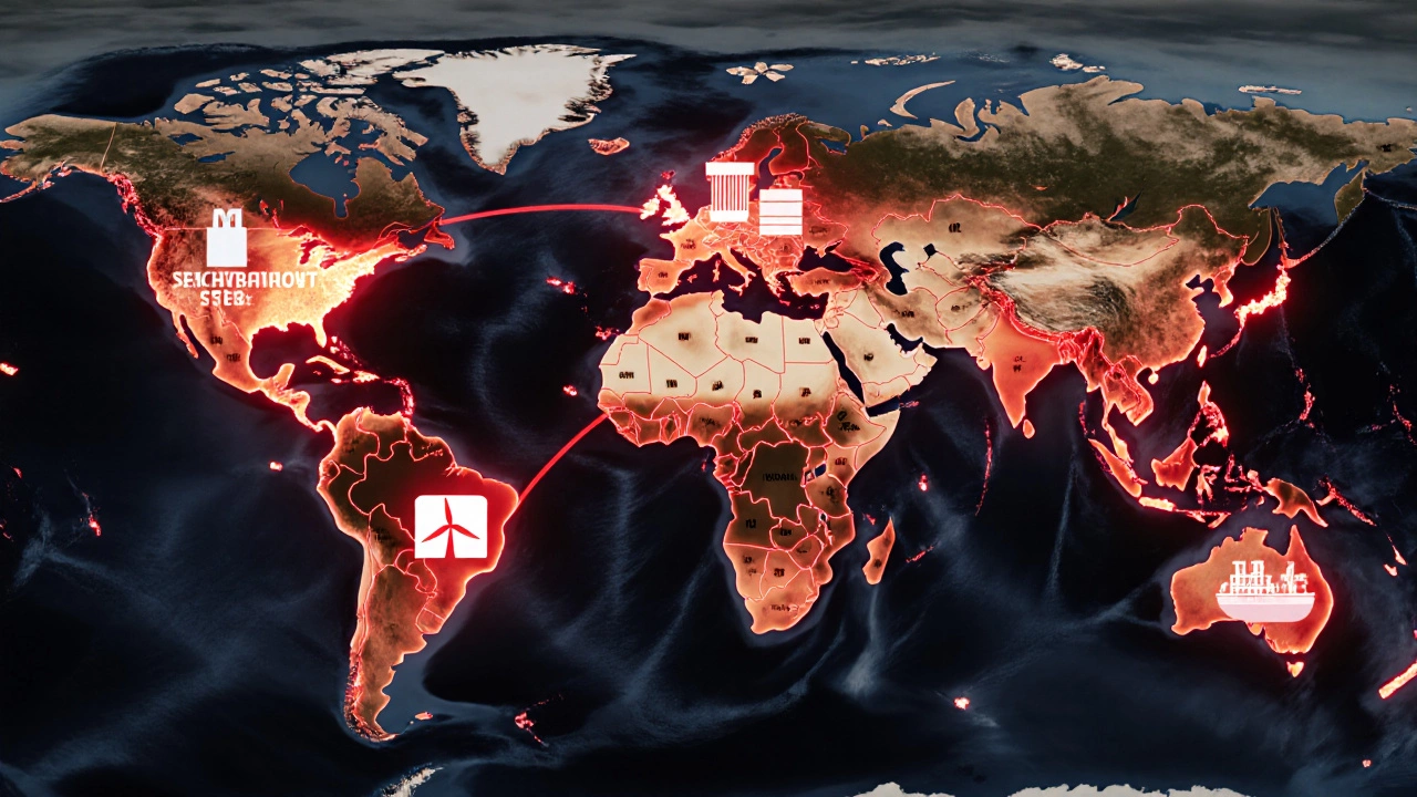 A global map showing ArcelorMittal's facilities across continents with glowing connections.