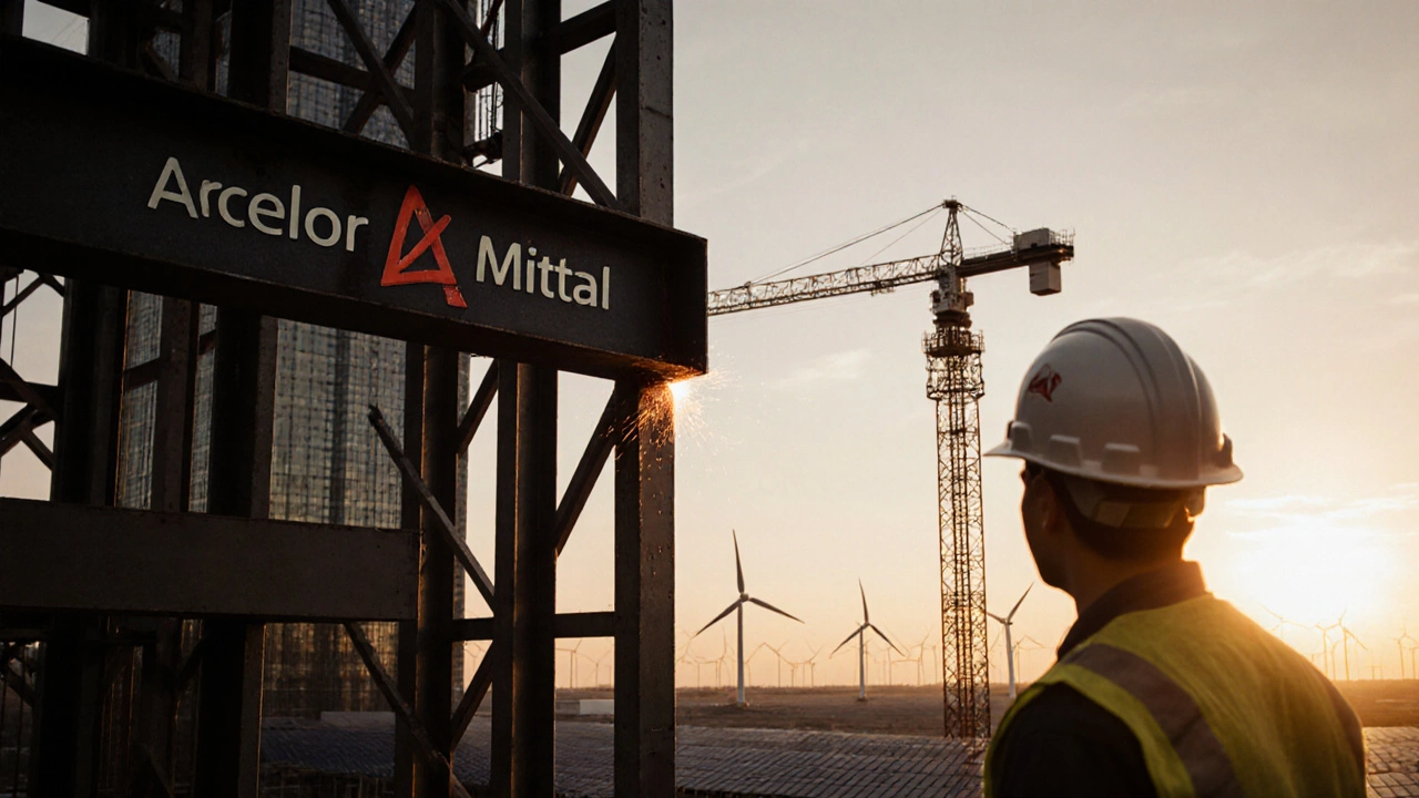 A steel beam being welded into a skyscraper frame with a wind turbine in the background.