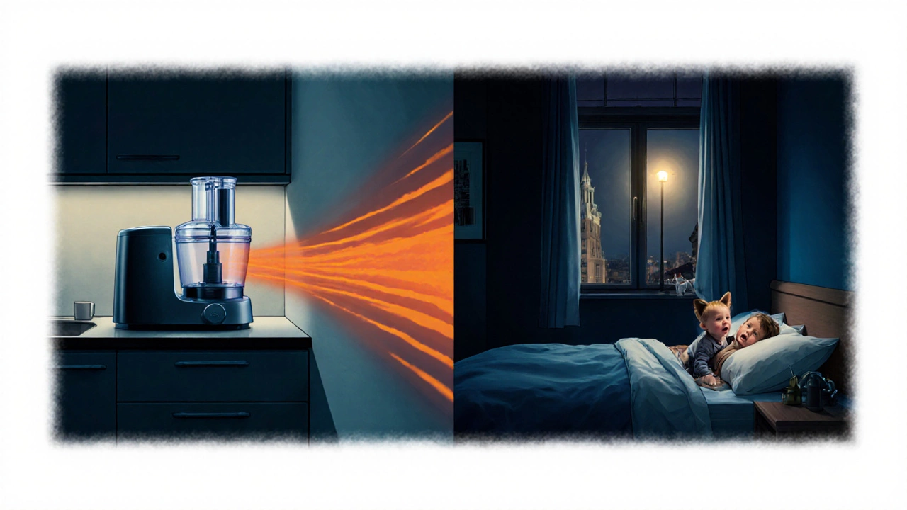 Apartment split view showing noise from a processor disturbing a toddler and a cat.