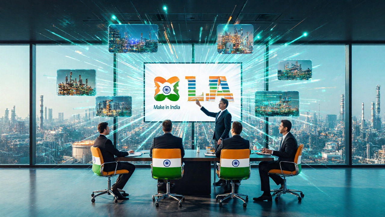 Business meeting with Indian flag, investors, and holographic chemical plant models.