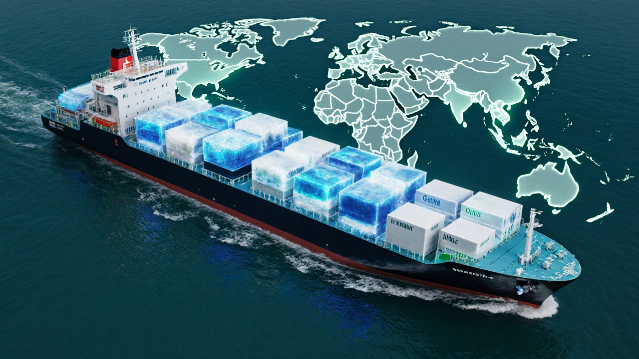 Cargo ship at sea with glowing chemical containers, over a faint world map showing major export destinations.