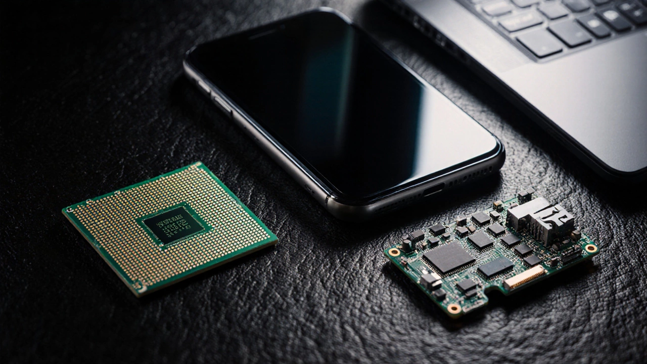 Close-up of a silicon wafer, smartphone, and laptop motherboard displayed together.