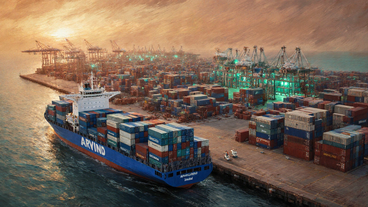Dockside scene with cargo containers loading onto a ship and factory floor showing denim and recycled polyester production.