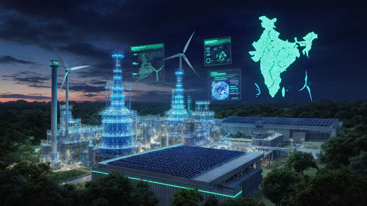 Futuristic eco‑friendly chemical plant in India with solar roofs, AI holograms, and green landscape.
