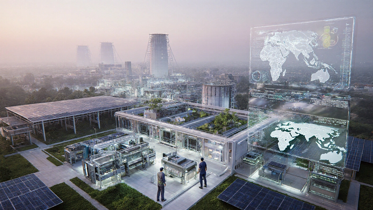 Futuristic eco‑friendly textile factory in Surat with solar panels and digital dashboards.