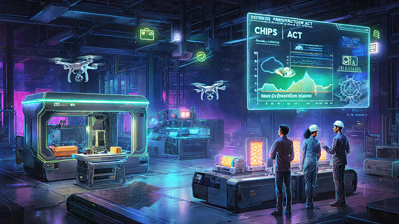 Futuristic factory with 3D printers, drones, and holographic government program icons.