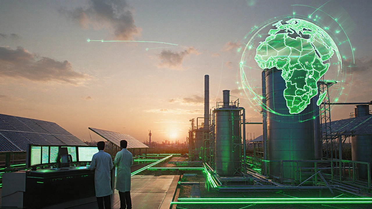 Futuristic green-chemistry facility with holographic digital twin display and trade route visualization to Africa.
