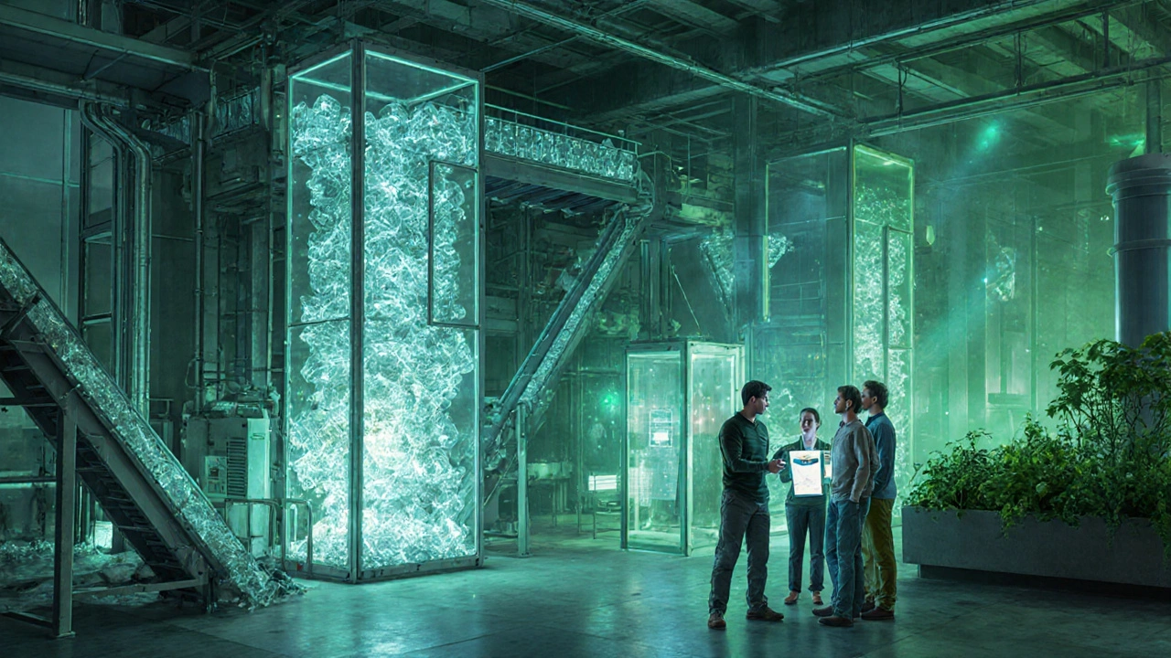 Futuristic recycling plant turning plastic waste into new bottles with green ambient light.
