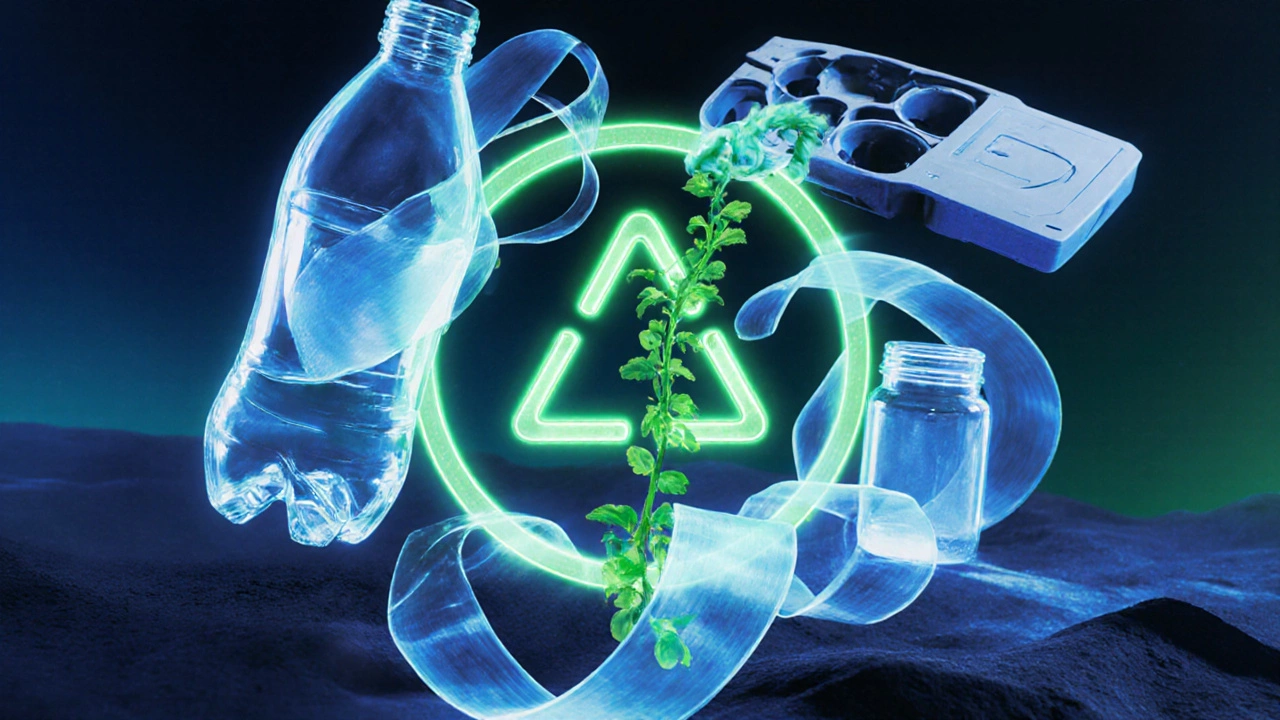 Futuristic scene of recycled PP turning into new products with a green loop.