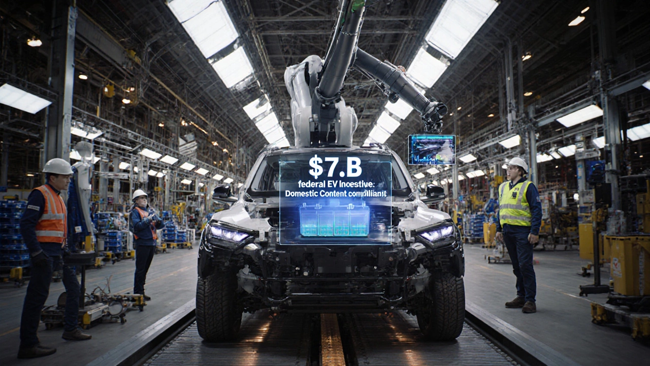 General Motors EV assembly line showing a robotic arm installing an Ultium battery pack.