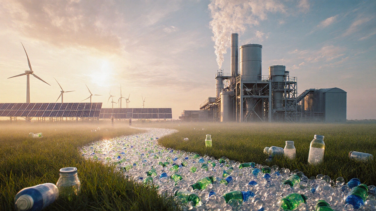 Green recycling plant with solar panels turning waste plastic into luminous recycled pellets.