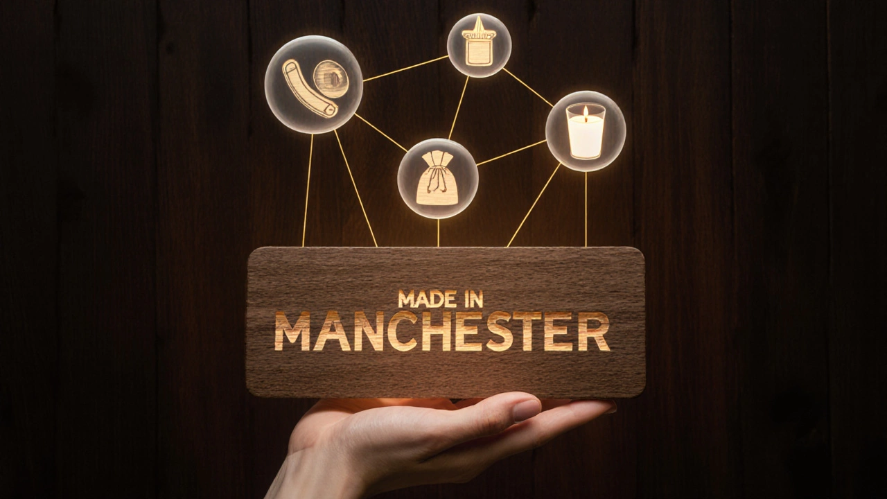 Hand holding a wooden sign with floating icons of handmade products connected by golden threads.