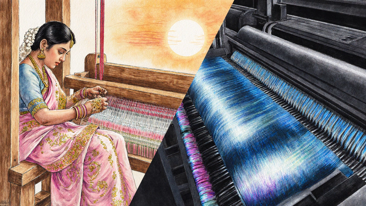 Handloom artisan weaving silk beside a modern powerloom line in a split illustration.