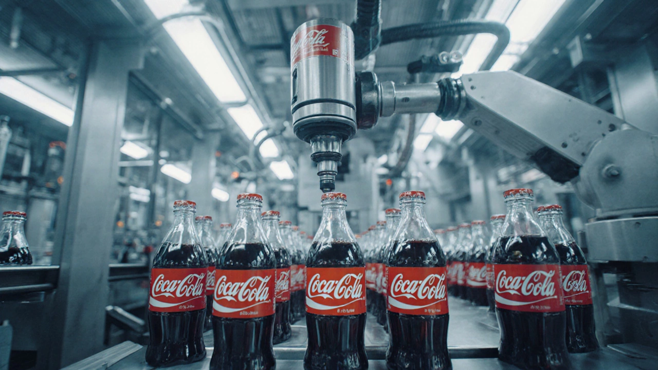 High‑speed bottling line filling PET bottles with Coca‑Cola under bright industrial lighting.