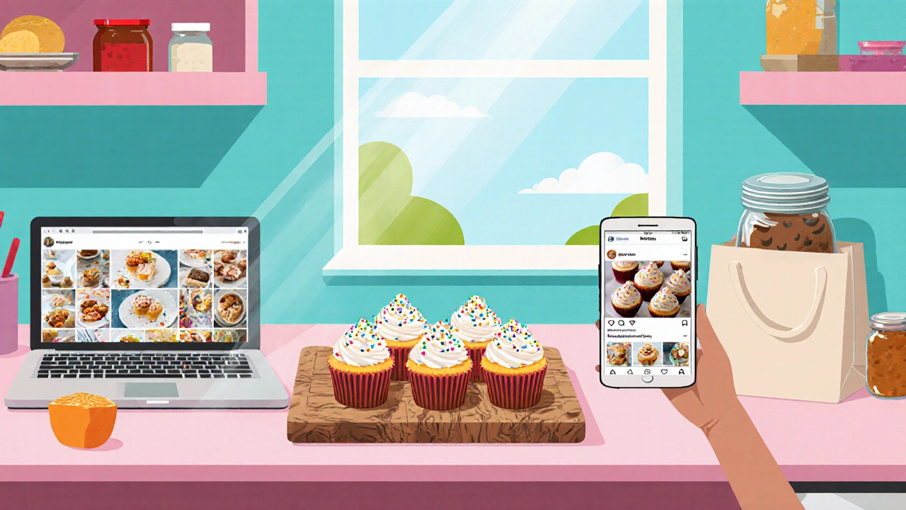 Home baker arranging cupcakes in a sunny kitchen, with laptop and phone showing online presence.