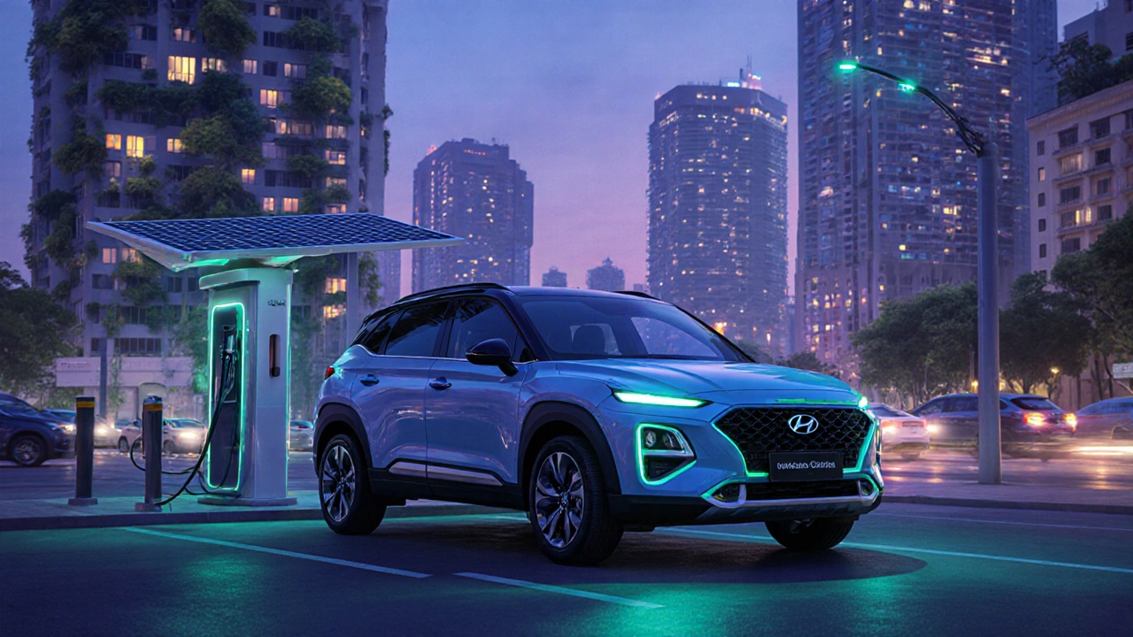 Hybrid Creta parked at a solar charging station in a futuristic eco‑friendly Indian city at dusk.