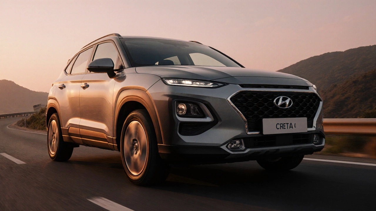 Hyundai Creta driving on a highway at sunset, low angle highlighting ground clearance and interior screen.