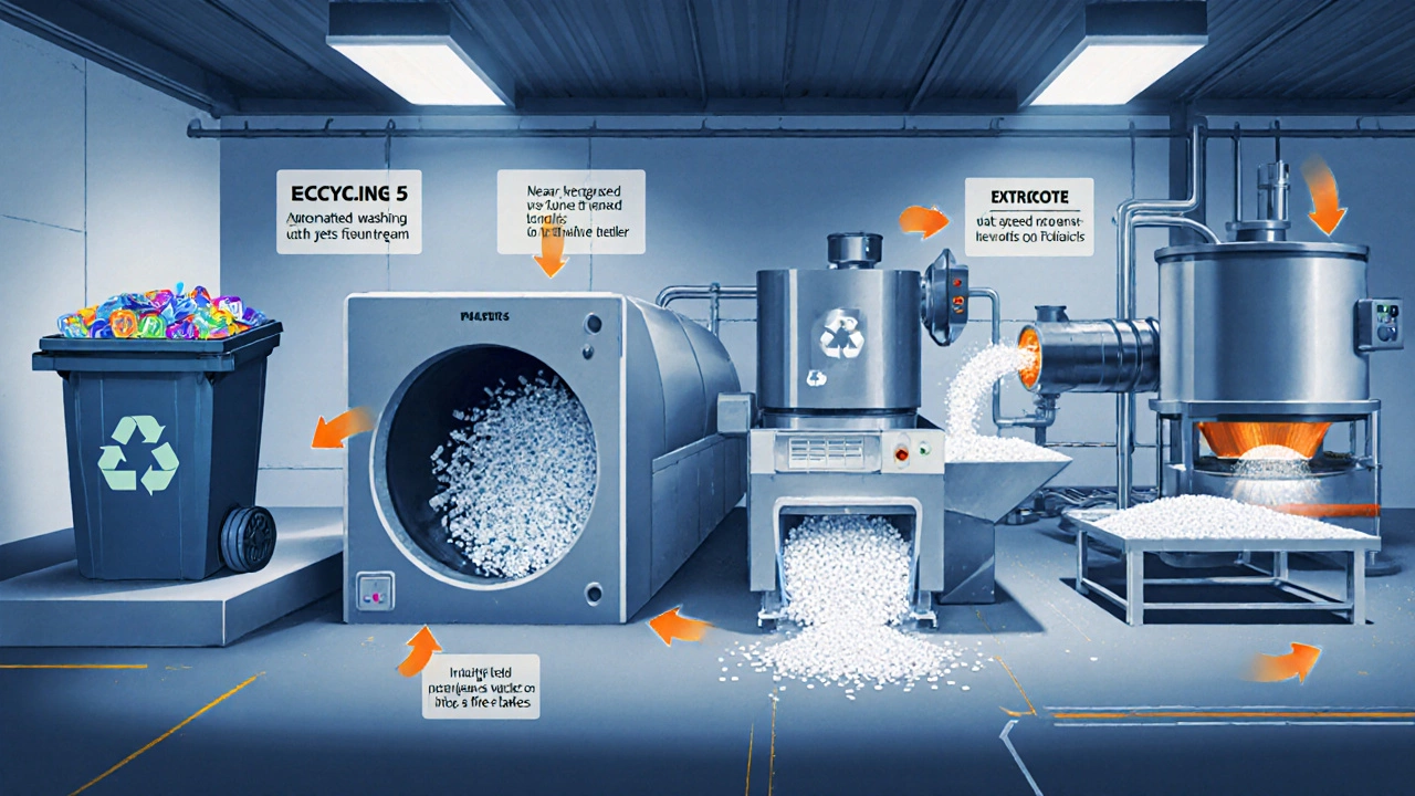 Illustrated steps of code 5 plastic recycling from collection to pellet extrusion.