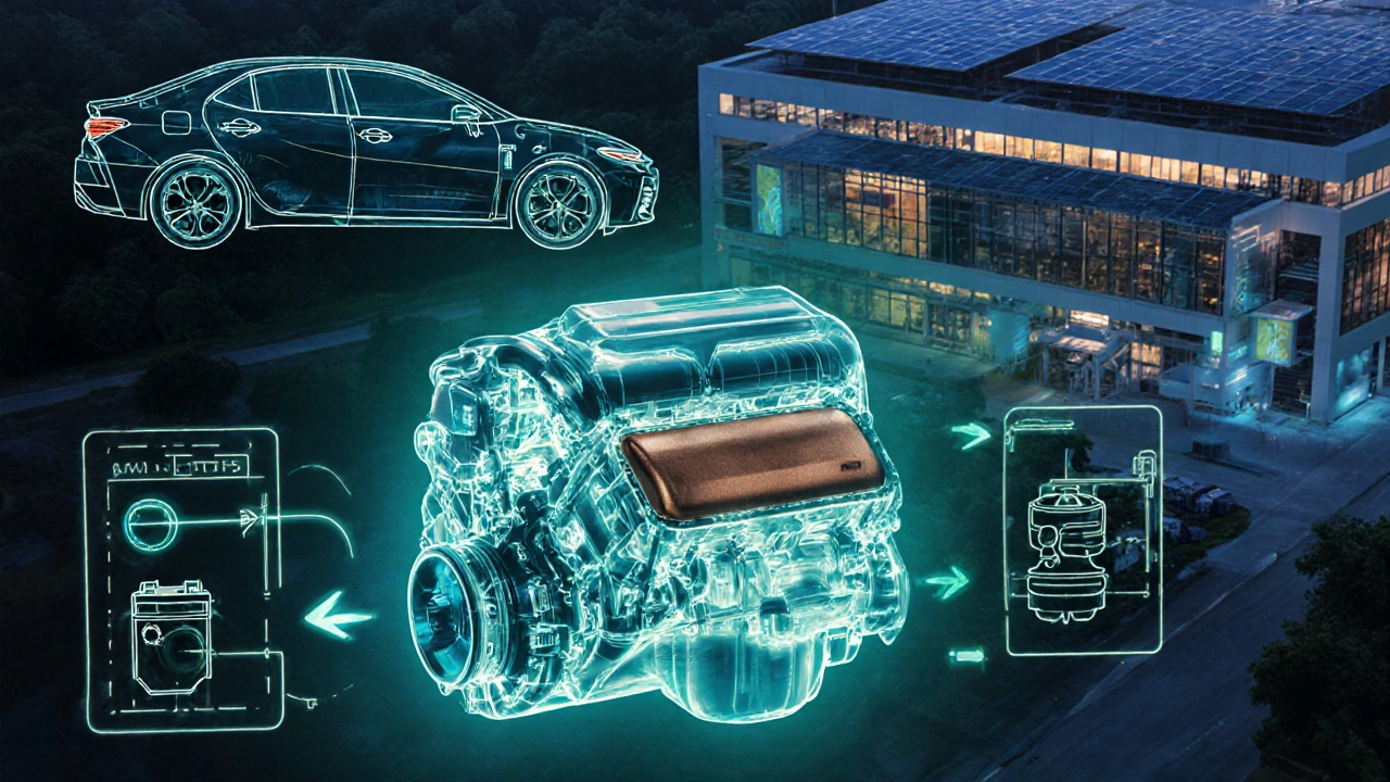Illustration of hybrid engine module with electric motor and battery in a futuristic plant.