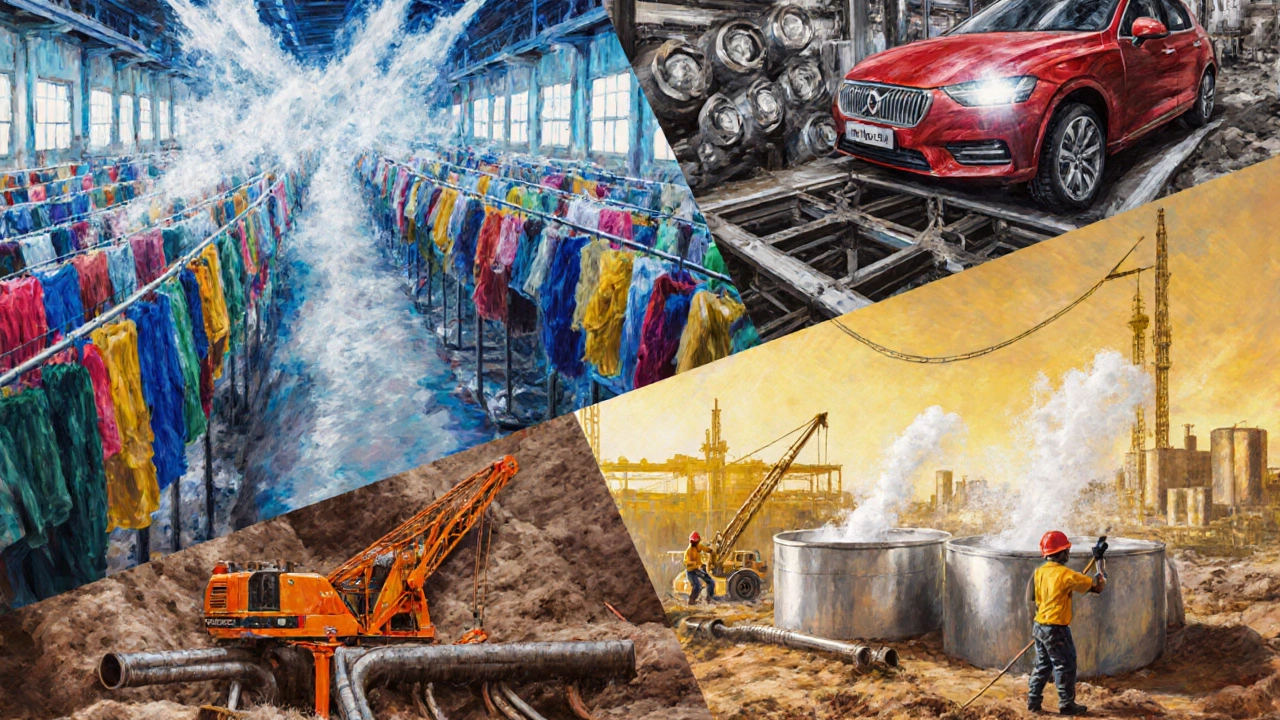 Illustration of textile, automotive, construction, and paper sectors using chemicals.