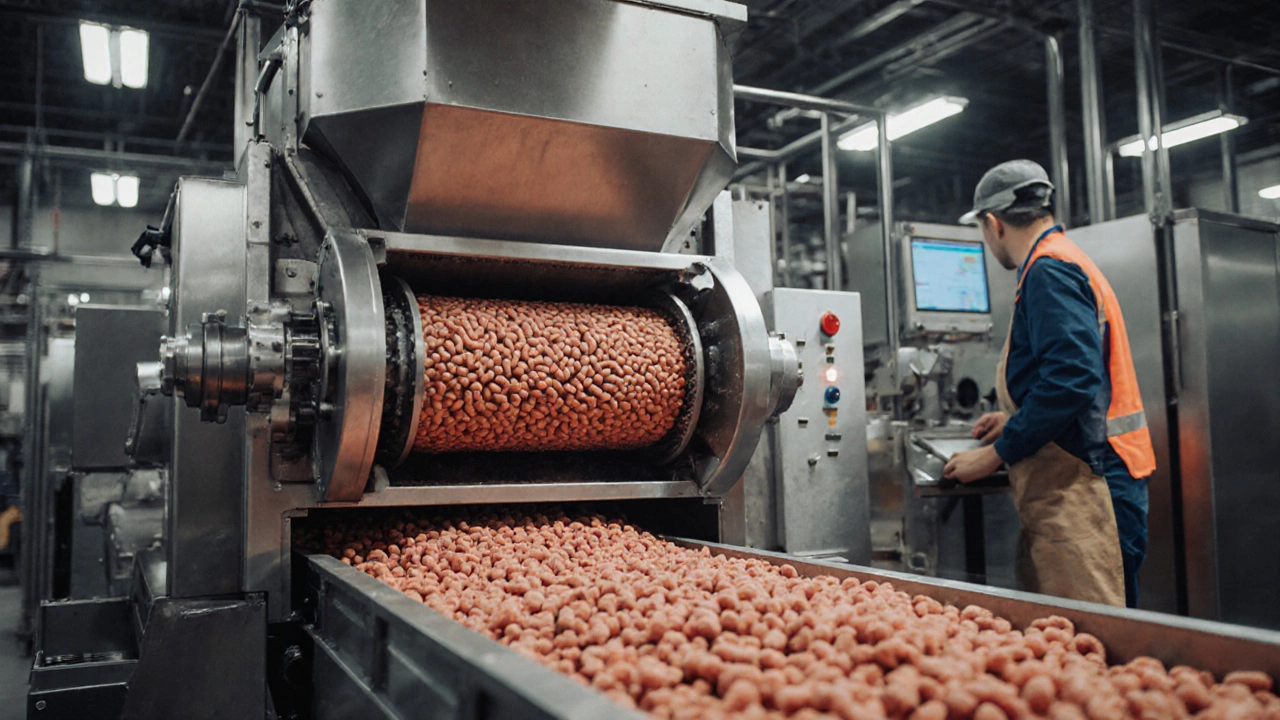 Industrial extruder turning protein blend into crunchy snack pellets.
