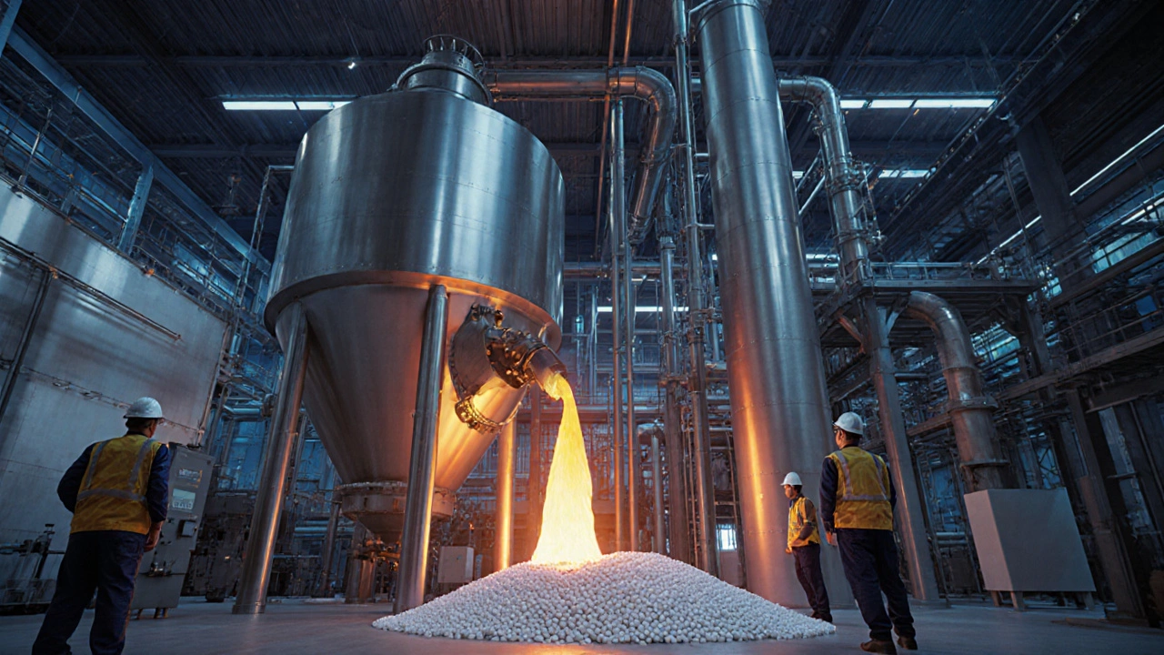 Inside a polyethylene plant with molten polymer and glowing pellets on industrial equipment.