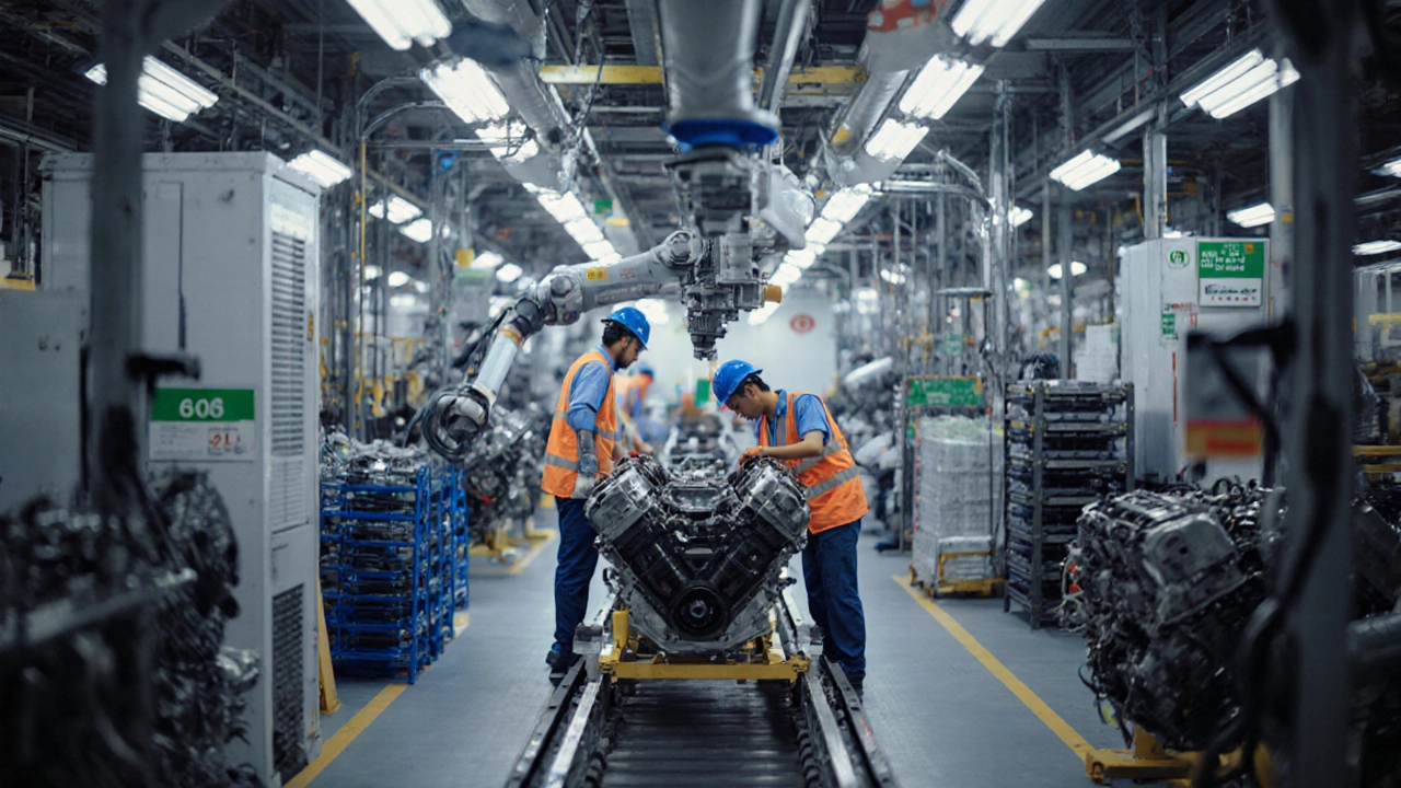 Inside Bidadi engine plant with robots assembling a 2.0‑litre engine.