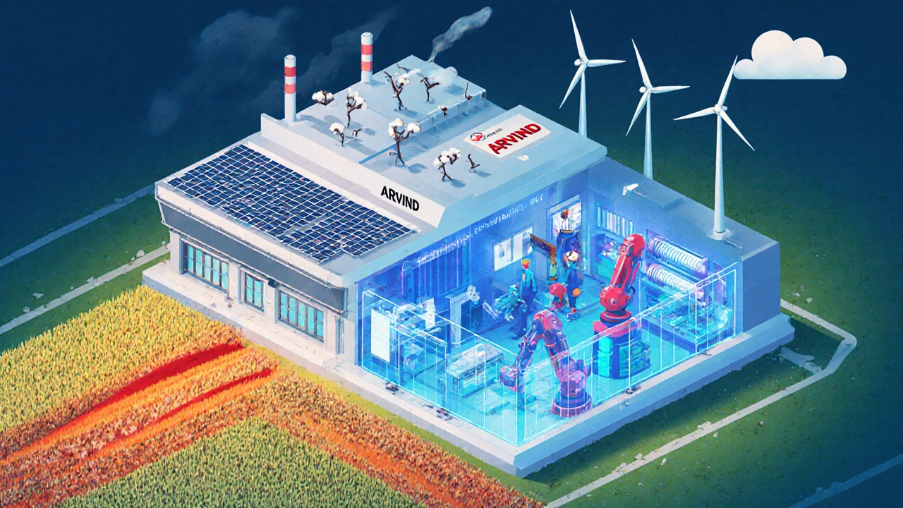 Isometric view of a factory roof with solar panels, cotton field, robots and a high‑tech textile lab highlighting challenges.