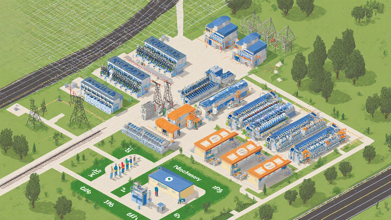 Isometric view of a large textile park with modern machinery, recycling facilities, and training centre.