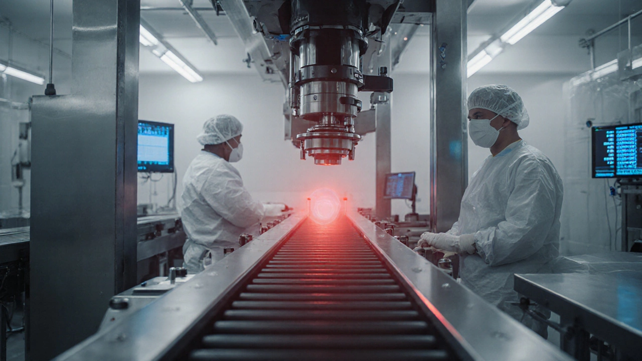 Laser sensor detecting a dangerous gap in a food filler nozzle with alert light on.