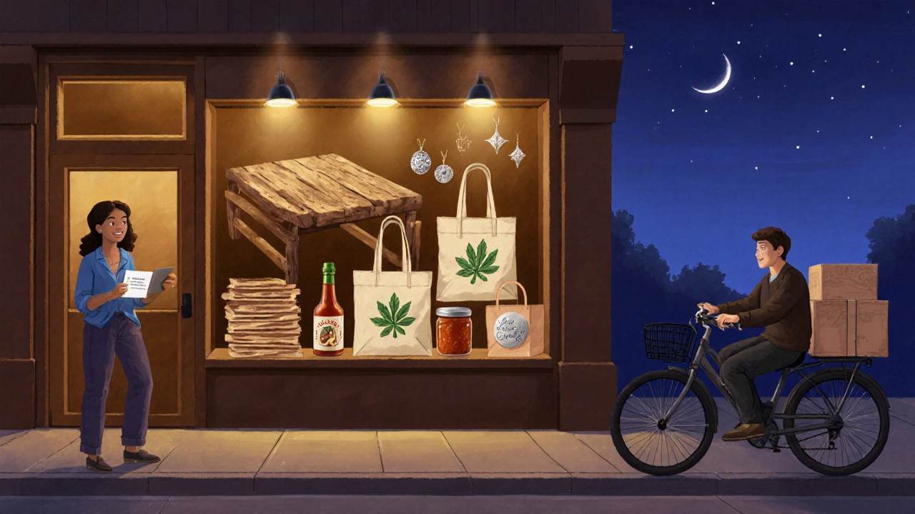 Micro‑manufacturer storefront showing diverse products and happy owner at dusk.