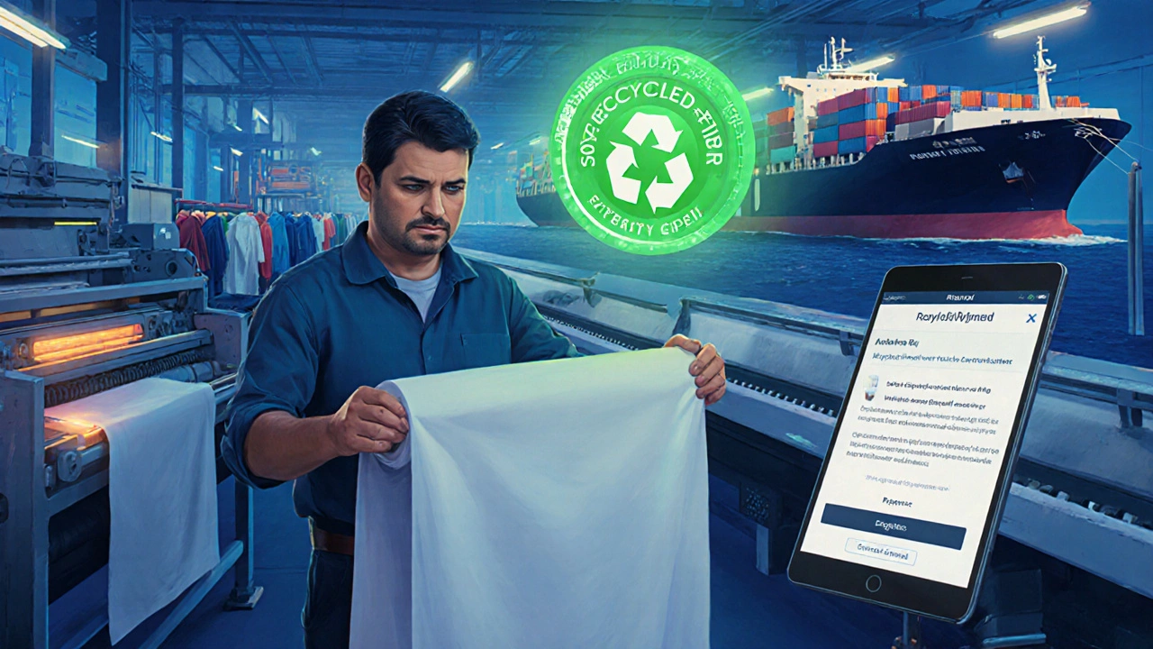 MSME workshop owner inspecting recycled fabric, with digital portal and export ship in background.
