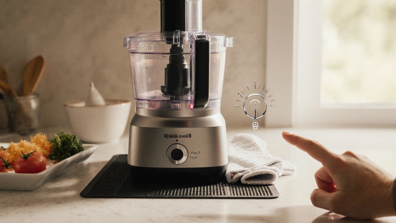 Quiet‑mode processor on a rubber mat with pulse button and low‑dB indicator.