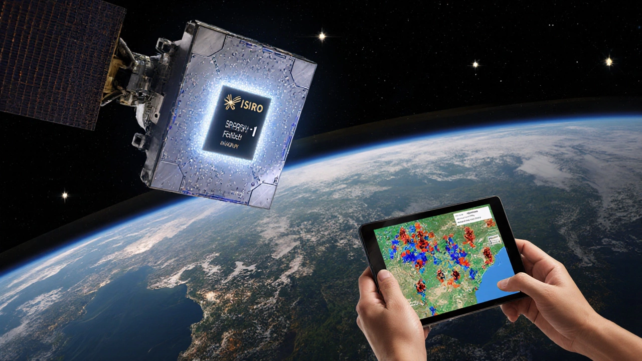 Satellite with AI chip processing flood data over India, transmitting insights to rescue teams on the ground.