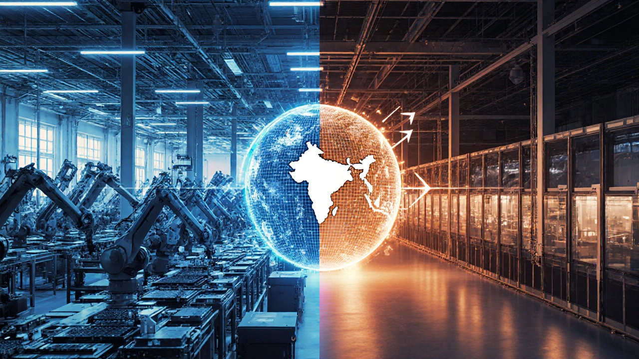 Scene of Chinese and Indian electronics factories with trade arrows pointing to the US.
