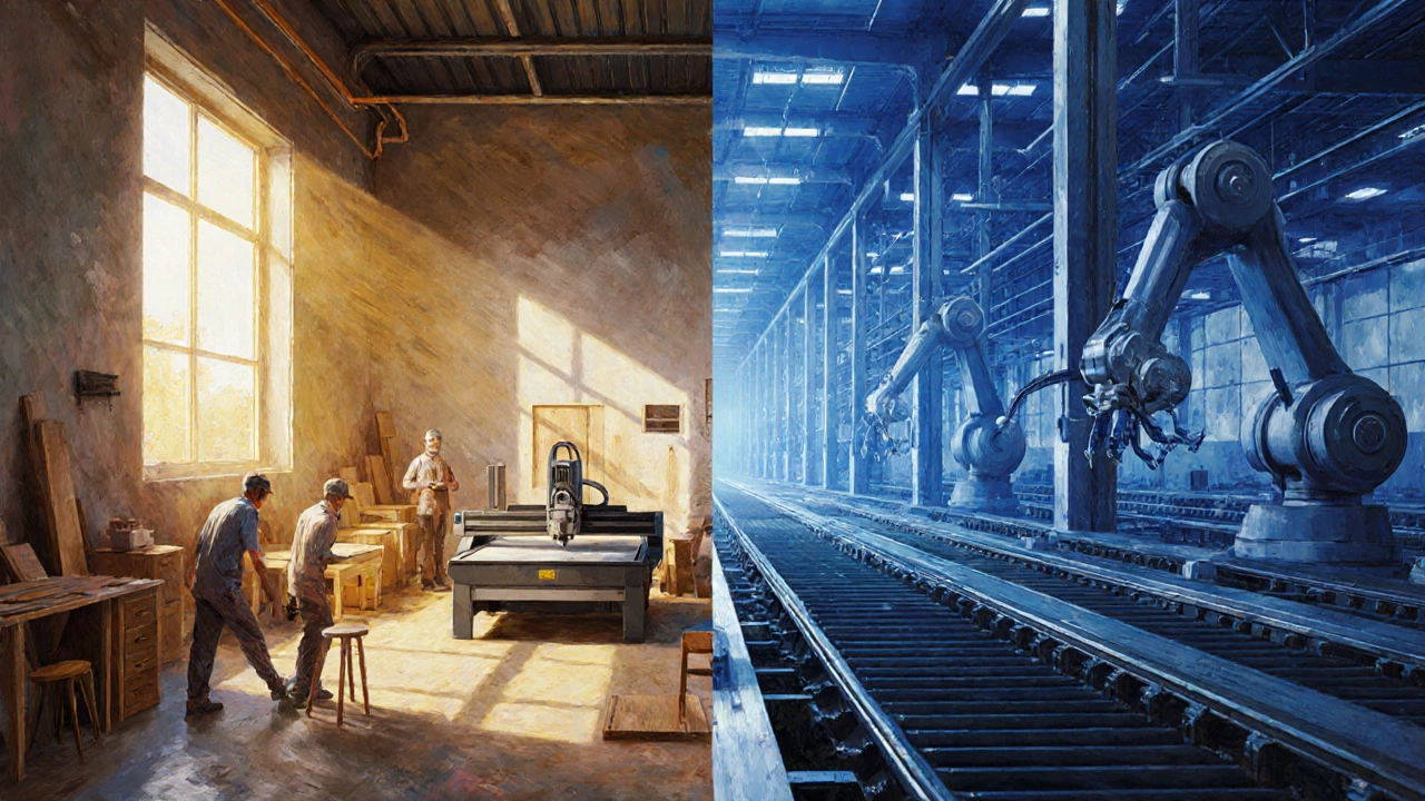 Side-by-side view of a compact workshop and a huge automated factory, highlighting scale differences.