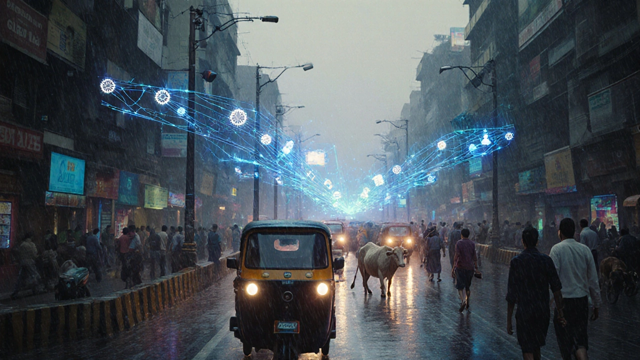 Smart city traffic camera analyzing chaotic Indian street scenes with real-time AI data overlays.