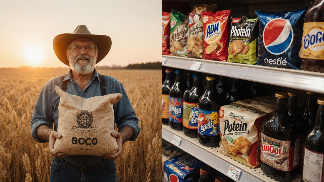 A farmer with a sack of wheat beside a supermarket shelf filled with branded processed food products made from it.