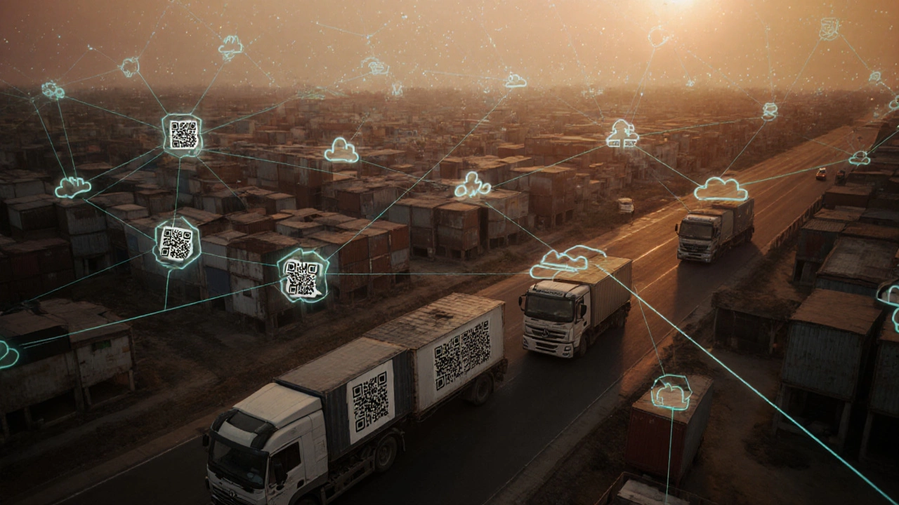 Aerial view of India’s connected electronics supply chain with data streams linking factories, warehouses, and servers.