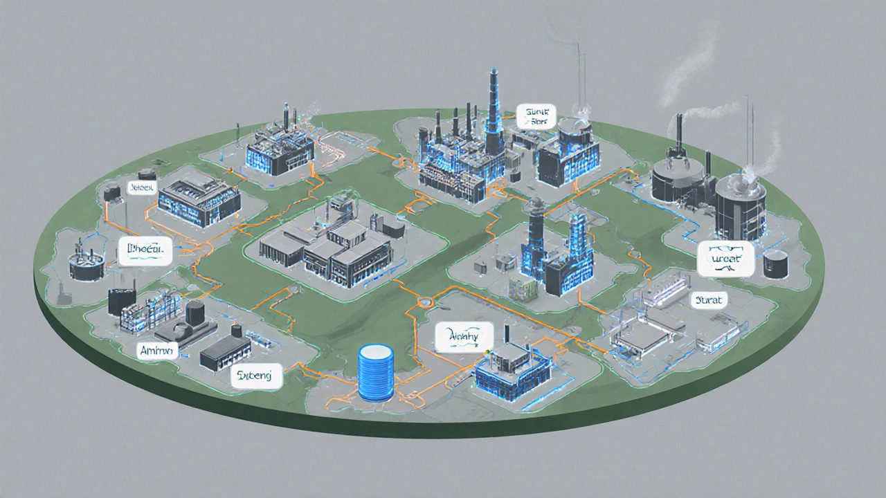Artistic depiction of interconnected chemical plants in Gujarat with flowing materials and energy pathways.