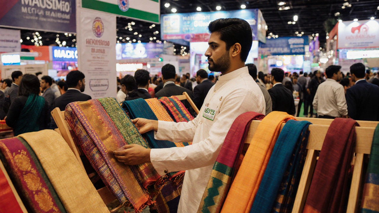 Entrepreneur presenting handloom silk sarees to international buyers at India Textile Week.