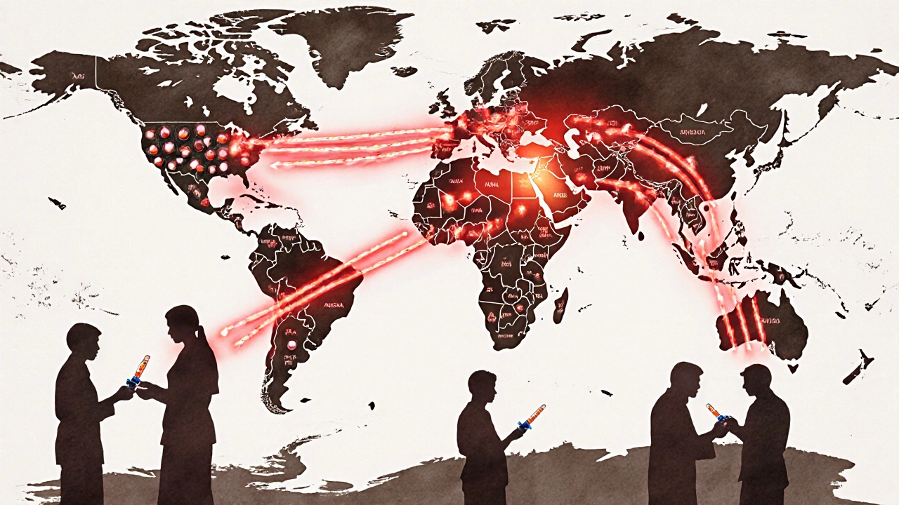 Global map with medicine-filled arrows streaming from India to developing nations, symbolizing healthcare access.