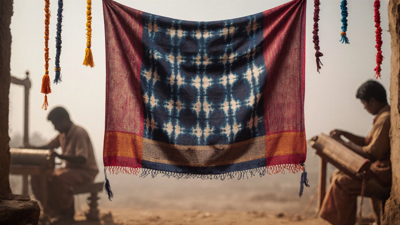 Handwoven Patola silk saree with double ikat pattern, floating with dyed threads.