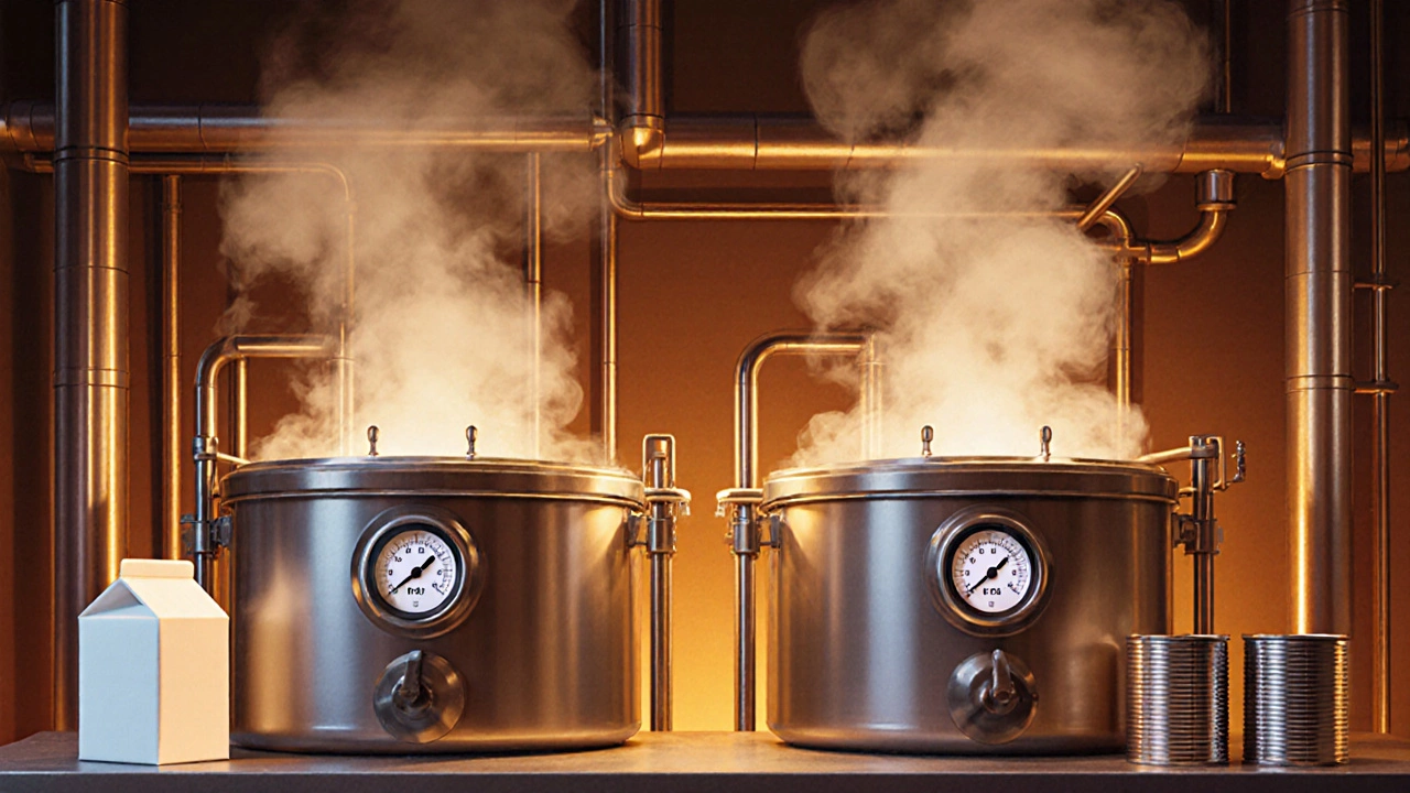 Industrial vats pasteurizing milk and sterilizing canned foods with steam and temperature gauges visible.