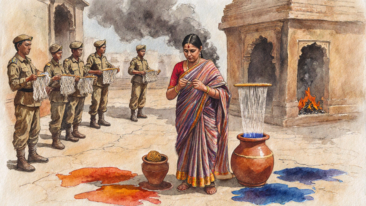 Kasturi Bai spinning in a temple courtyard as soldiers stand nearby with confiscated looms.
