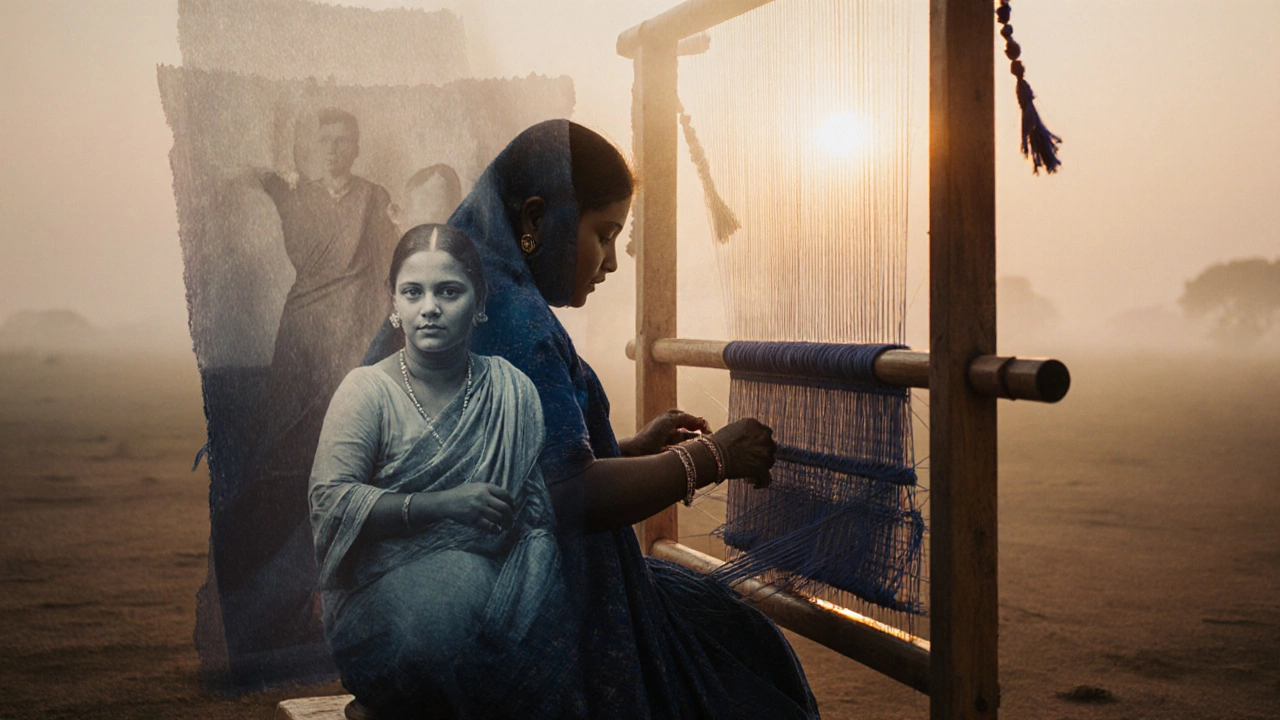 Modern weaver at dawn, her fabric blending with historical images of Kasturi Bai.