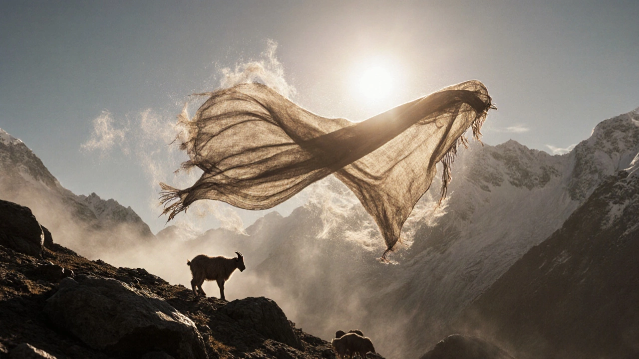 Pashmina shawl drifting above Himalayan mountains, glowing with fine wool fibers.