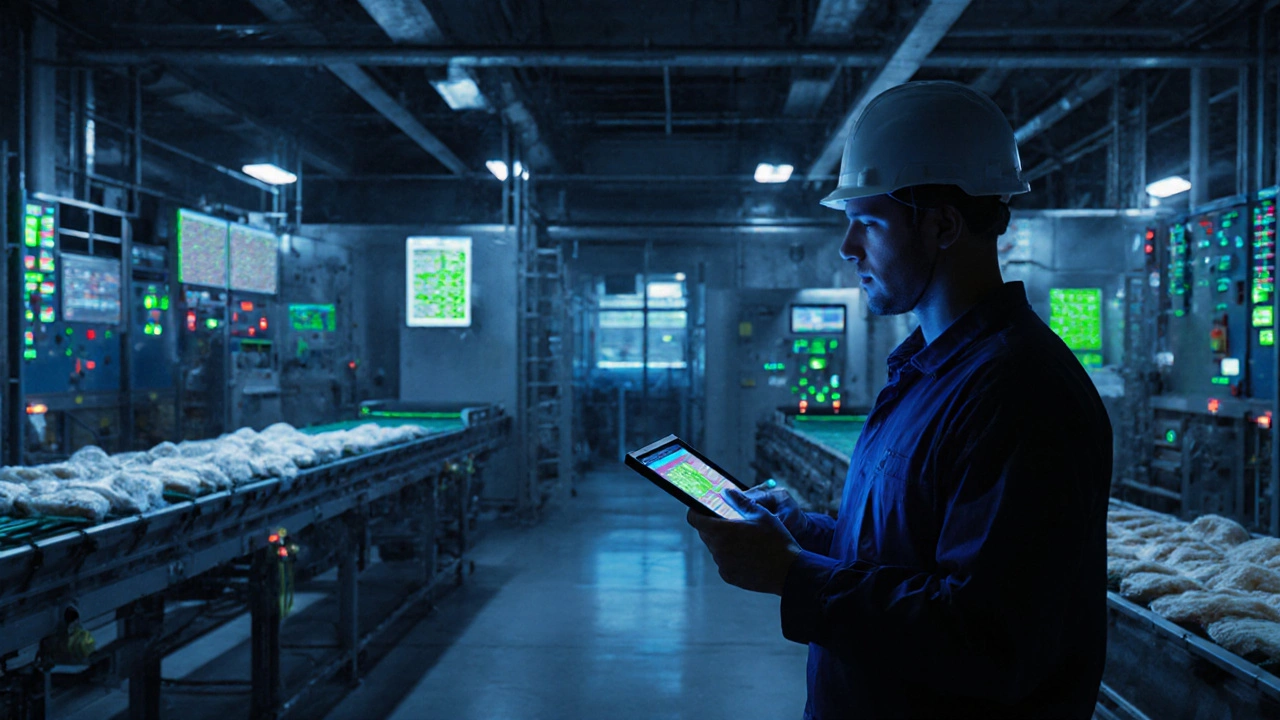 Plant manager monitoring a high-tech food processing control room with glowing digital dashboards.