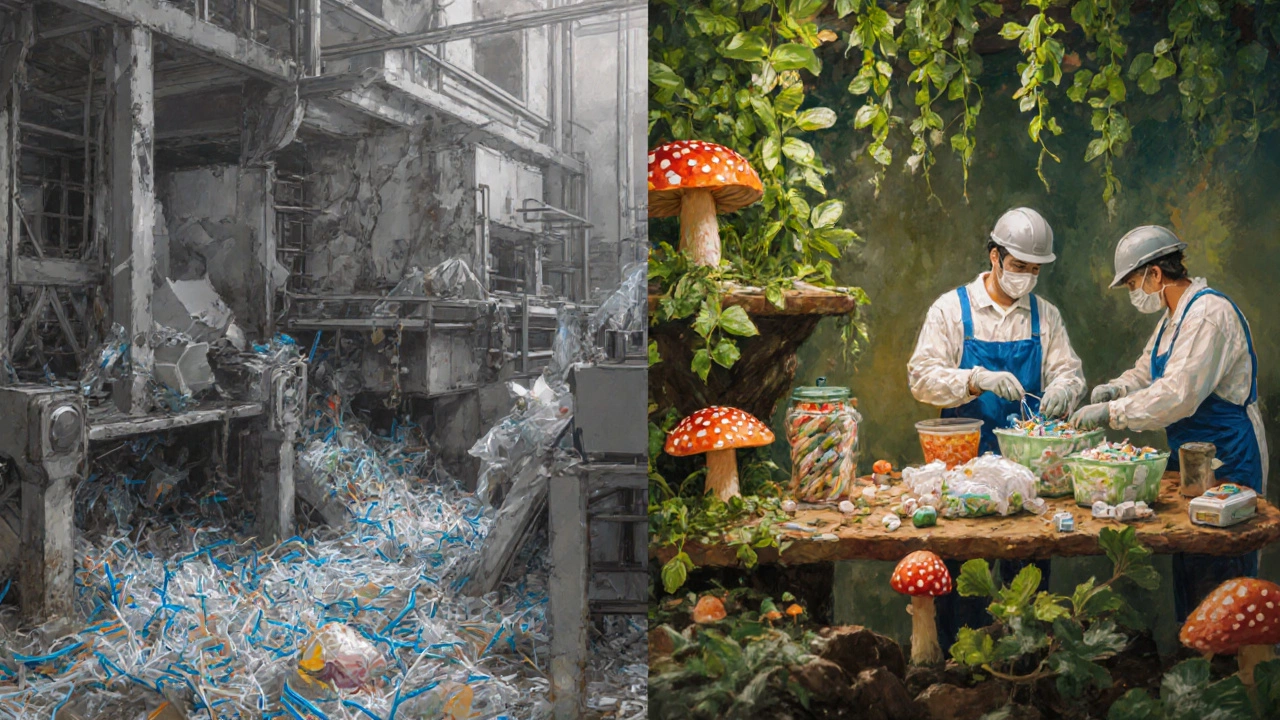 Plastic factory transforming from waste to biodegradable packaging, with plants growing from recycled materials.